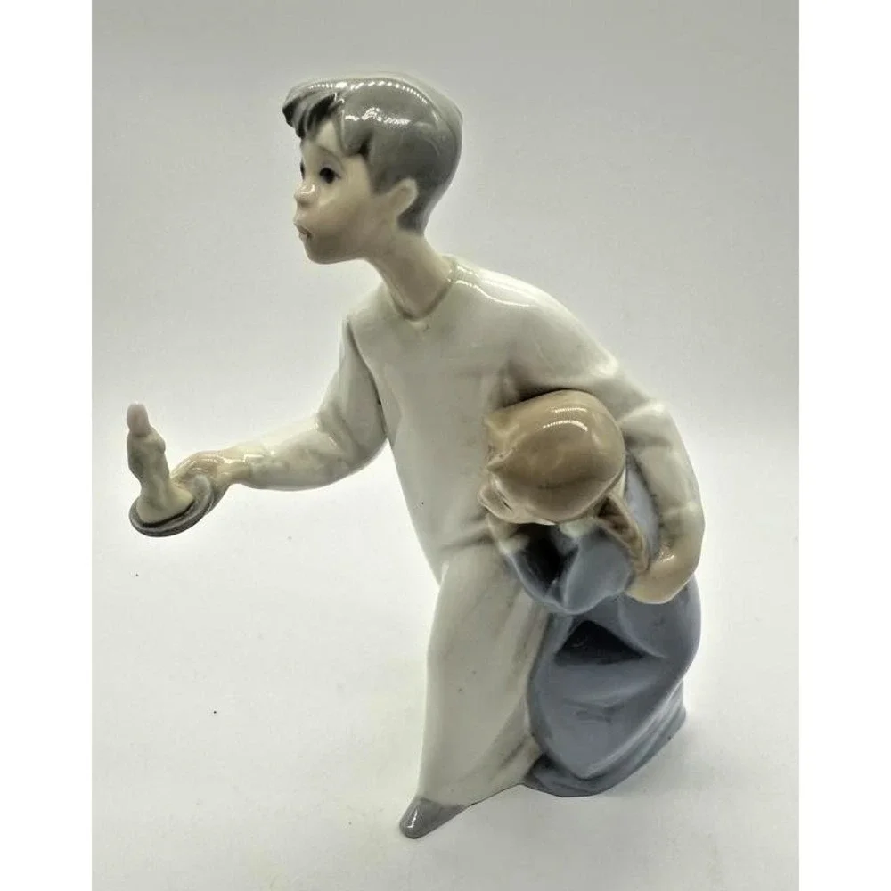Porcelain Figurine Boy Holding Candle with Younger Sibling‎ Glossy Handpainted